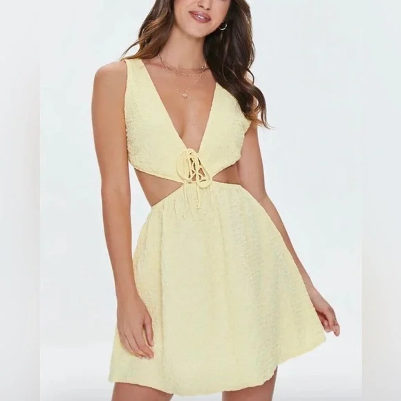 NWT Yellow Cutout Lace-Up Mini Dress Size L - Picture 1 of 5